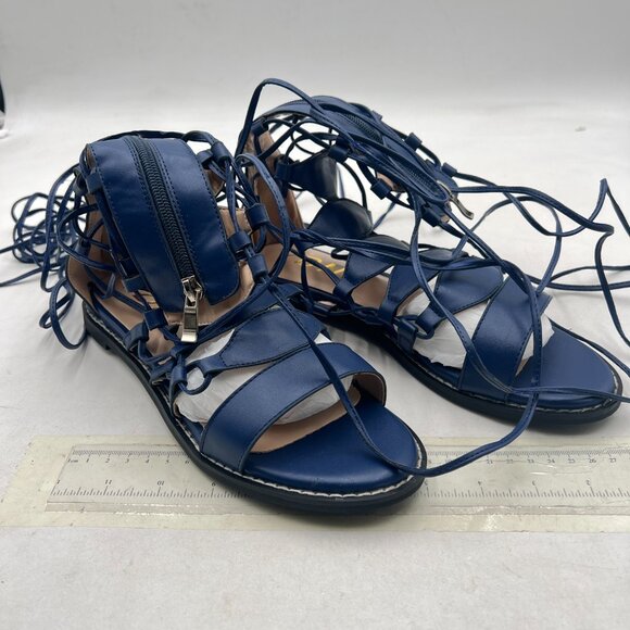 YDN Blue Ankle High Gladiator Sandals for Women Lace up Open toe Flats Zips Shoe - Picture 4 of 8